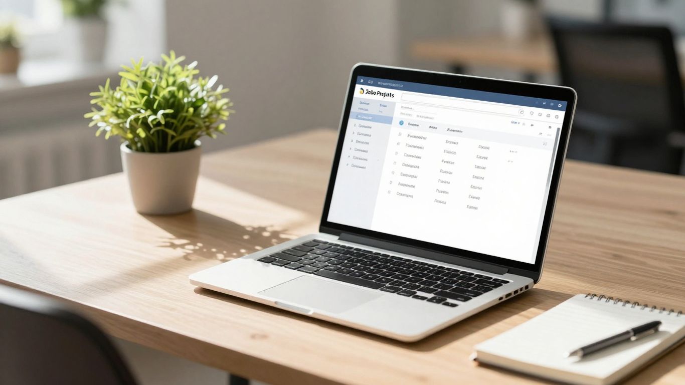 Zoho Projects interface on a laptop in a bright office.