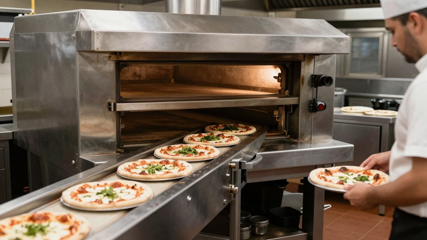 Conveyor pizza oven in a busy UK pizzeria kitchen.