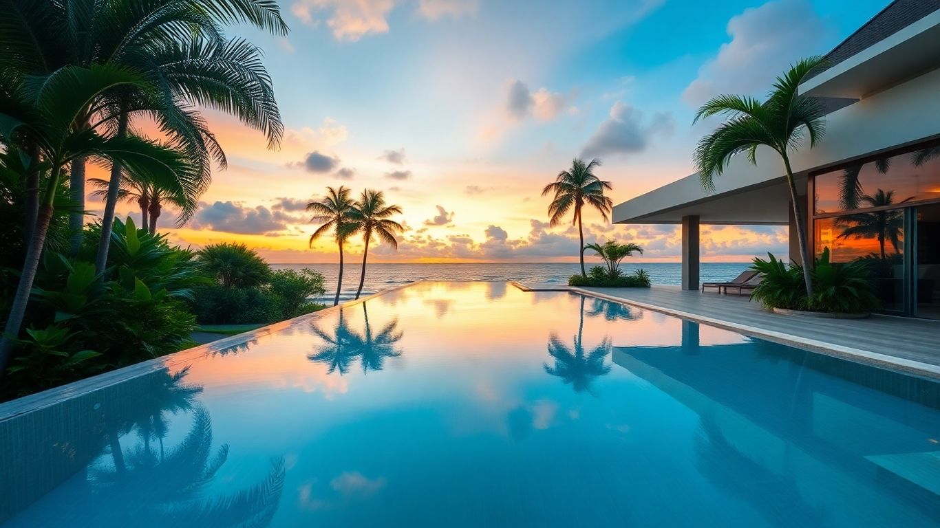 Luxury villa infinity pool overlooking turquoise ocean at sunset.