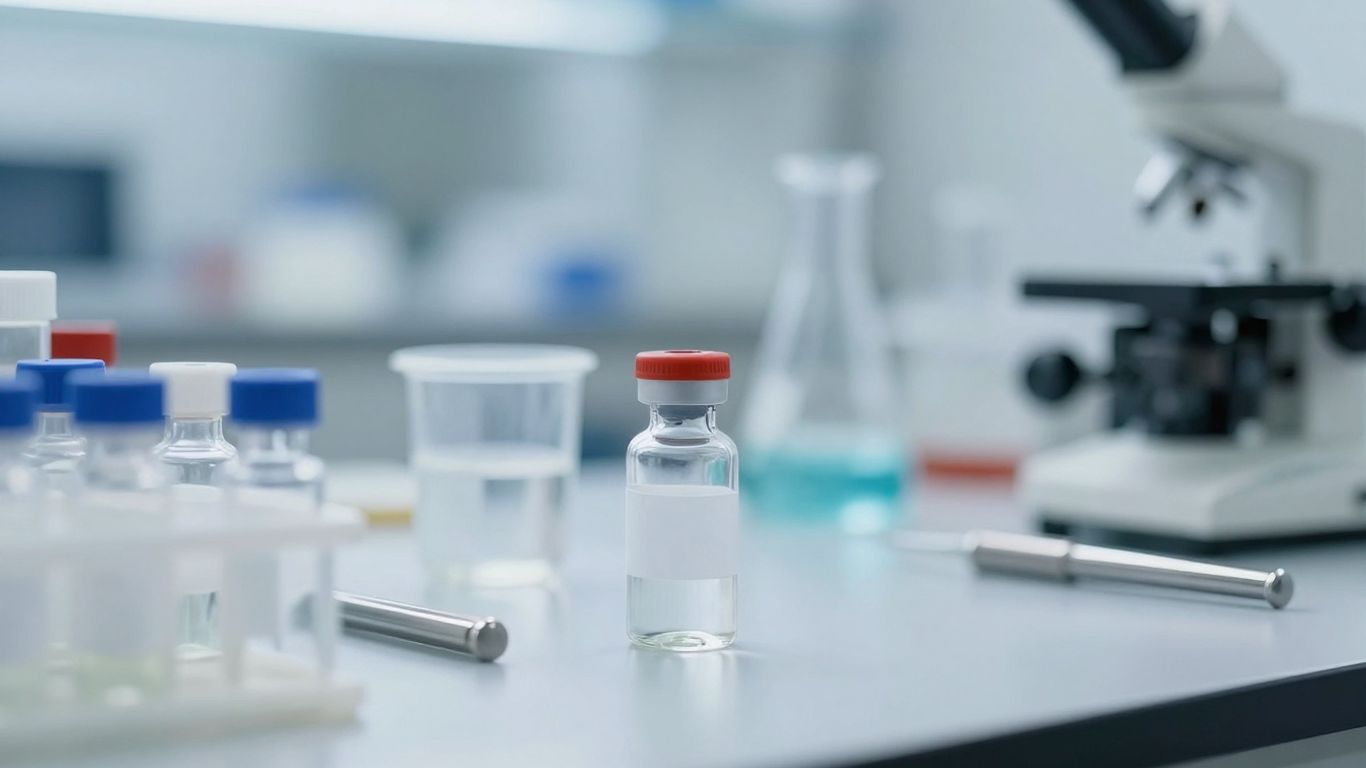 Ketamine vials and scientific equipment in a lab.