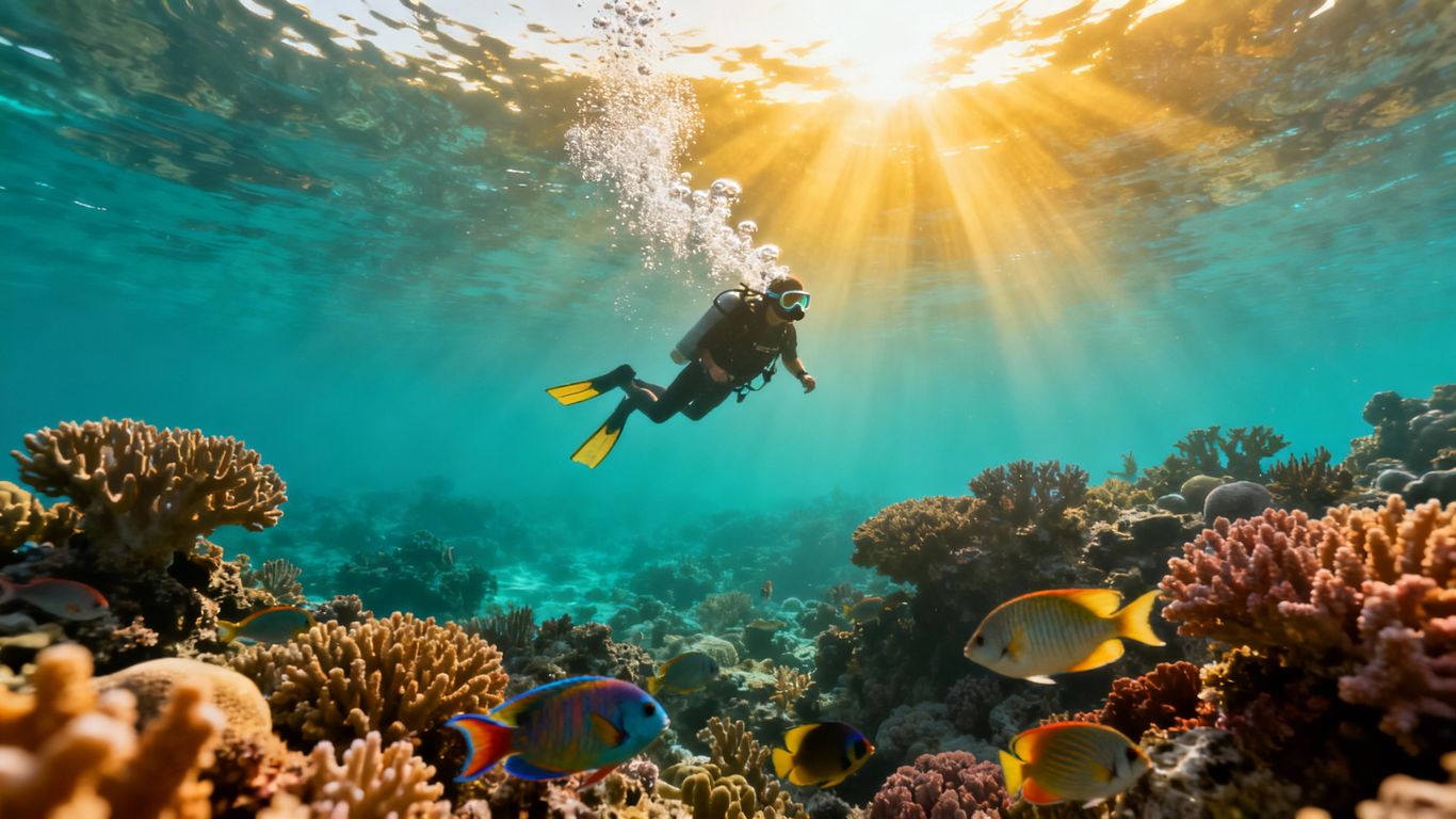 Beginner scuba diver ascending from coral reef.