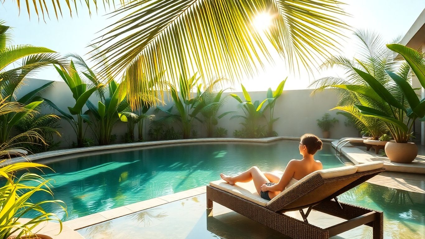 Serene spa retreat with lush greenery and tranquil water.