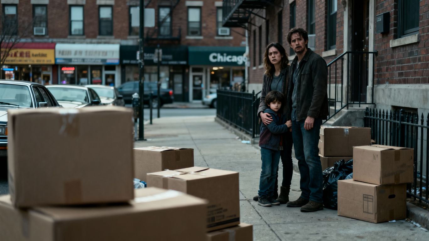 Family displaced by eviction outside Chicago apartment building.