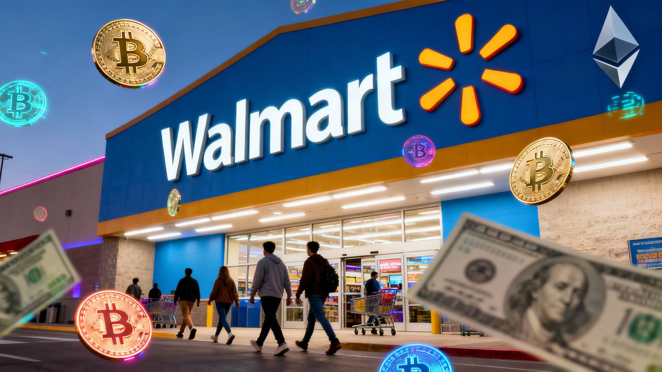 Walmart store with Bitcoin and Ethereum coins floating