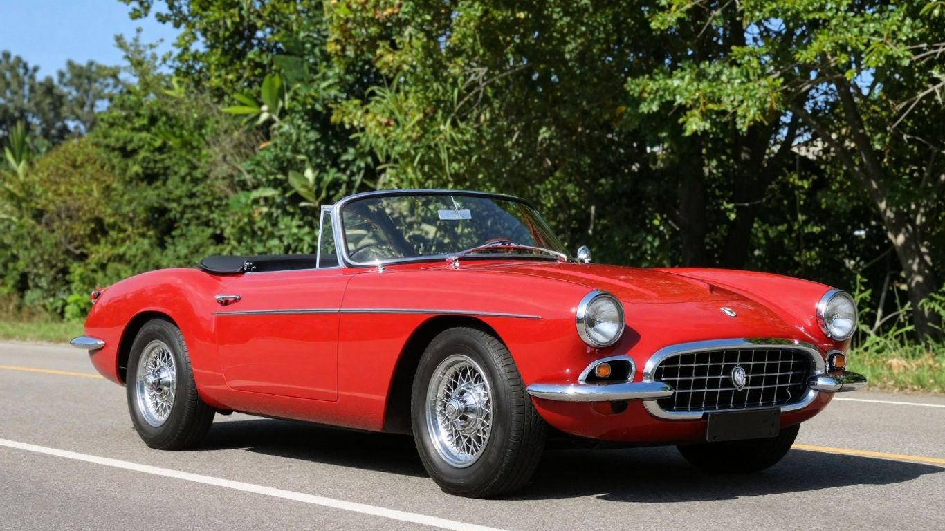 Classic red convertible car on a scenic road.