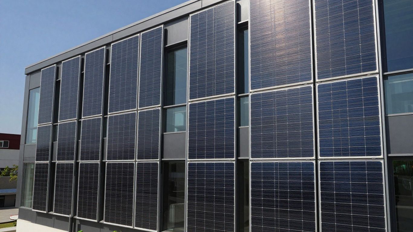 モダンな建物のファサードにある垂直ソーラーパネル。