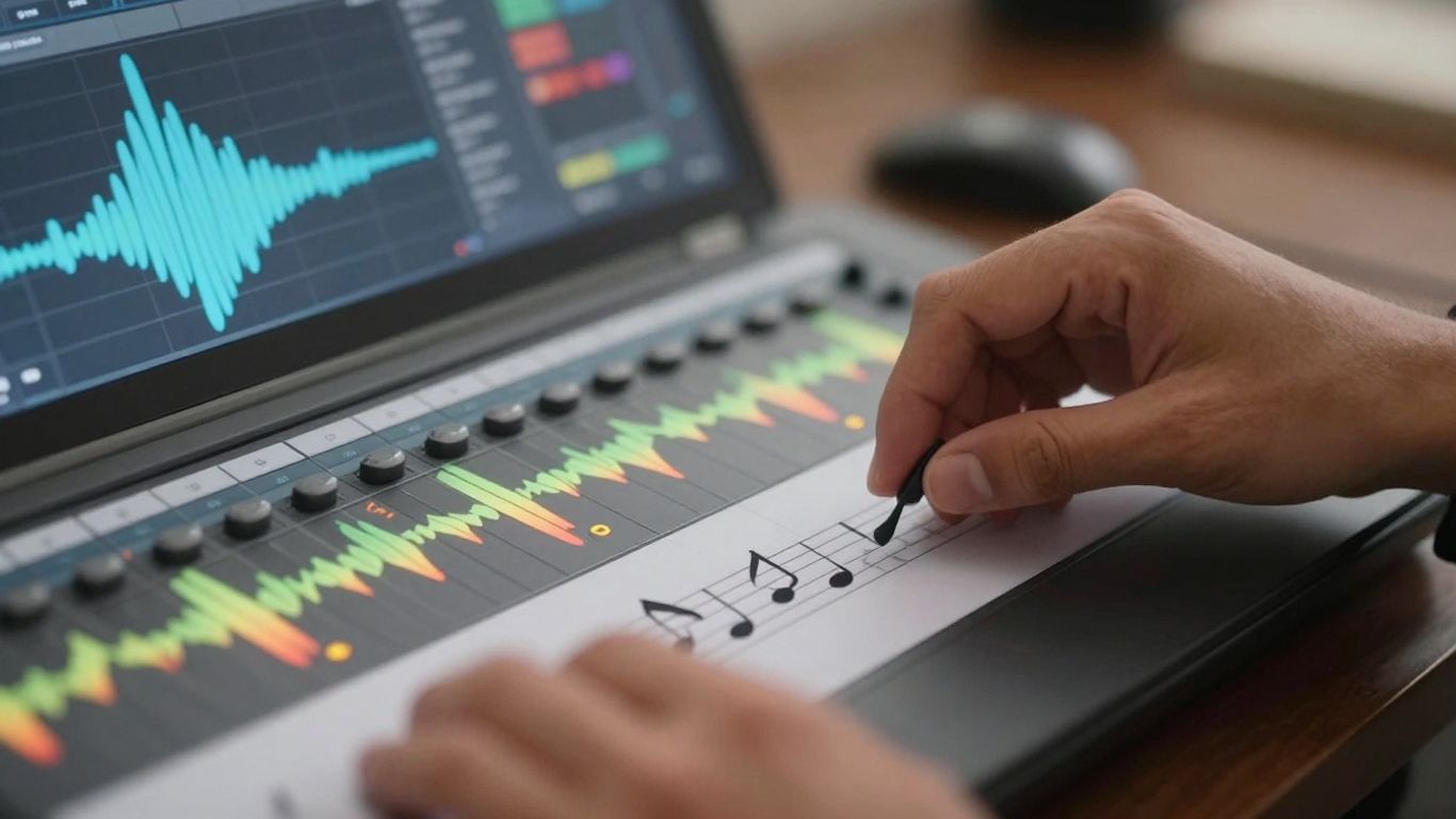 Hands arranging musical notes on a digital audio workstation screen.