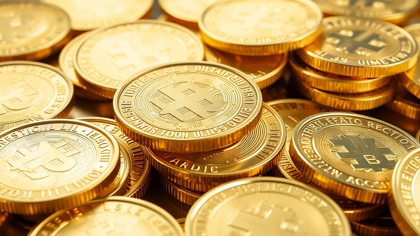 閃亮的、堆疊的金幣，特寫。