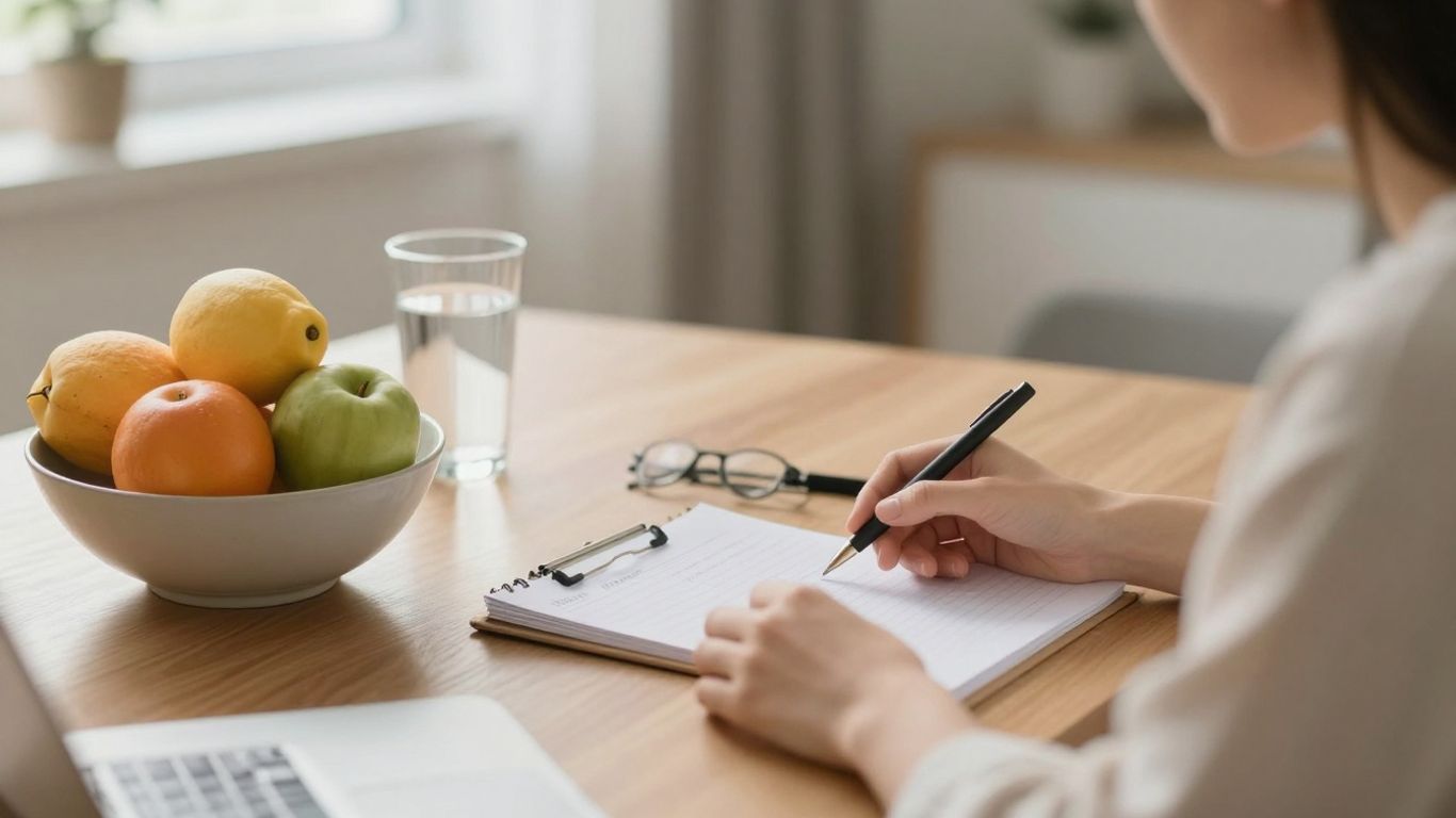 Persoană calmă organizând sarcini, cu fructe și apă.
