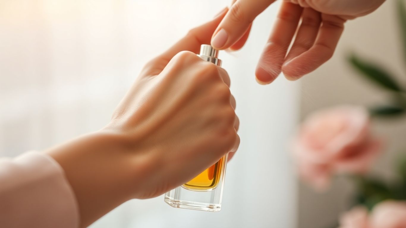 Woman applying perfume to her wrist.