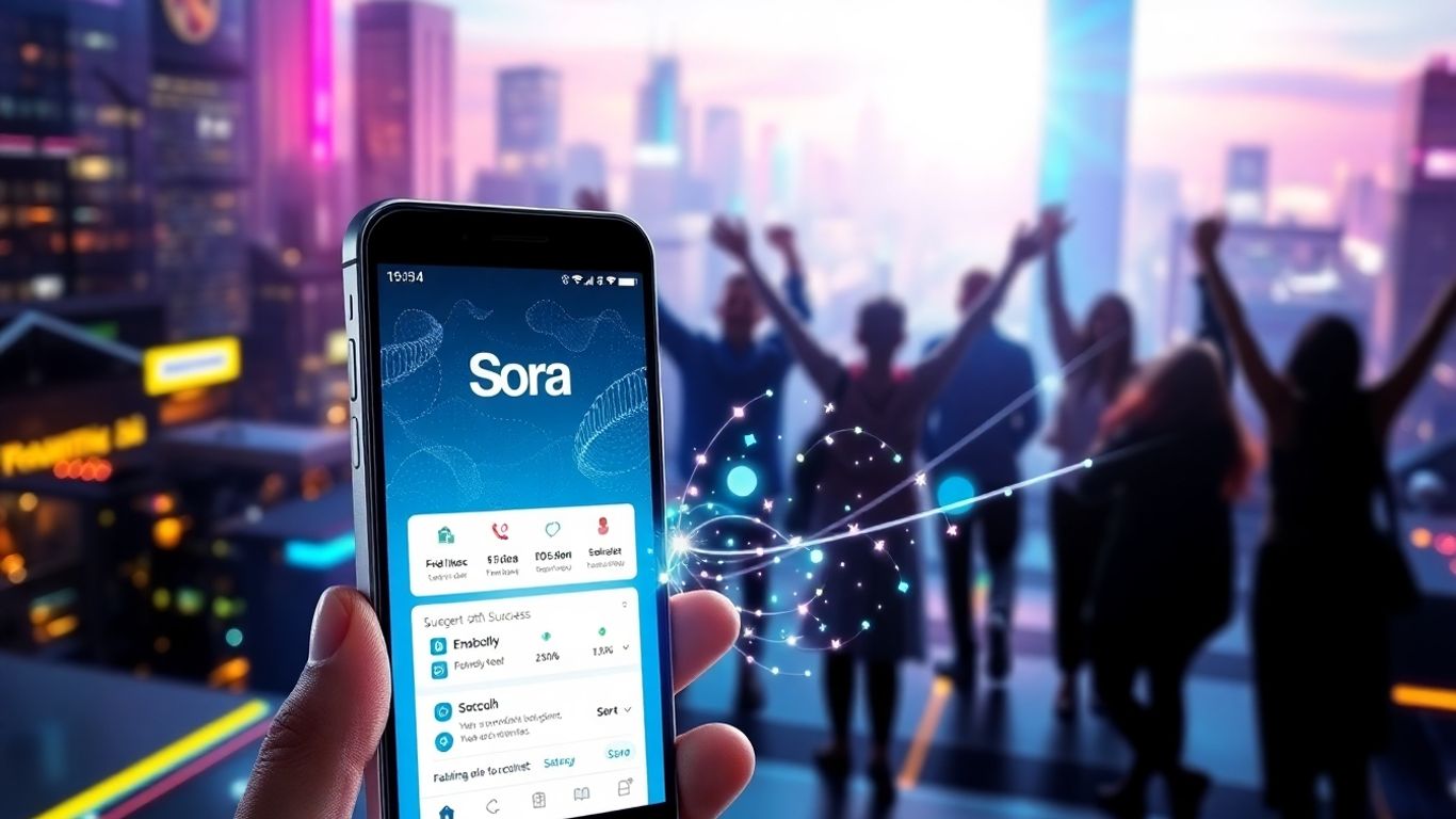People celebrating Sora app milestone on futuristic phone