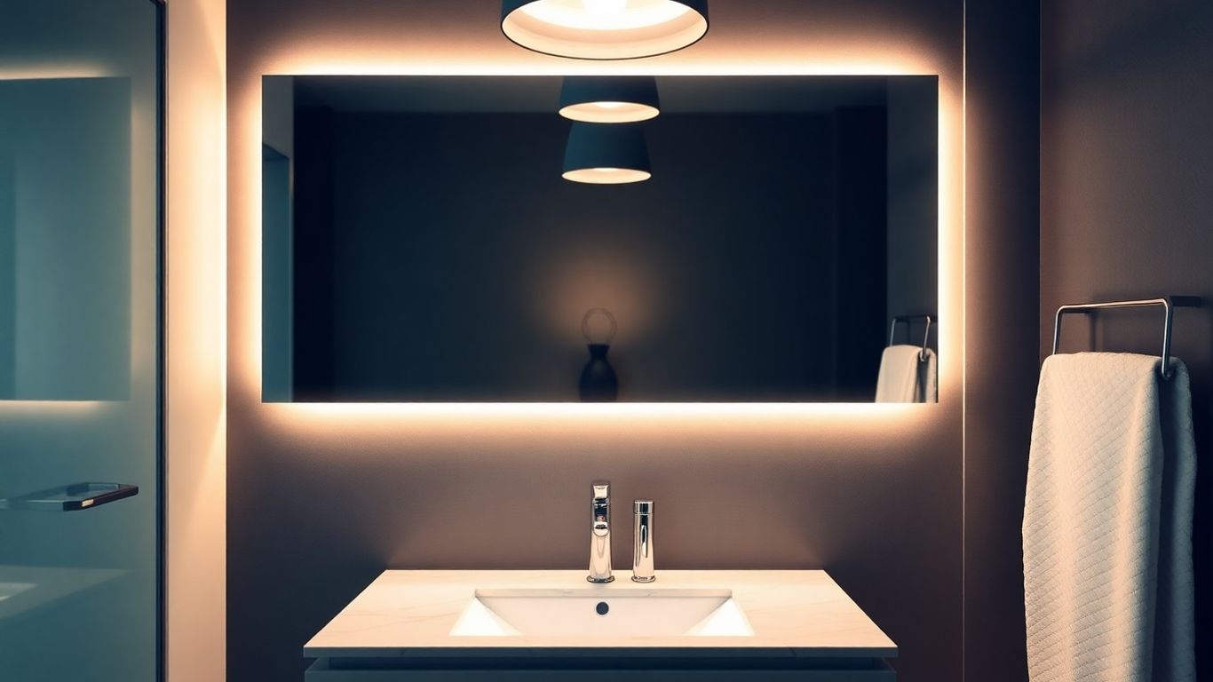 Modern bathroom with elegant vanity and pendant lighting.