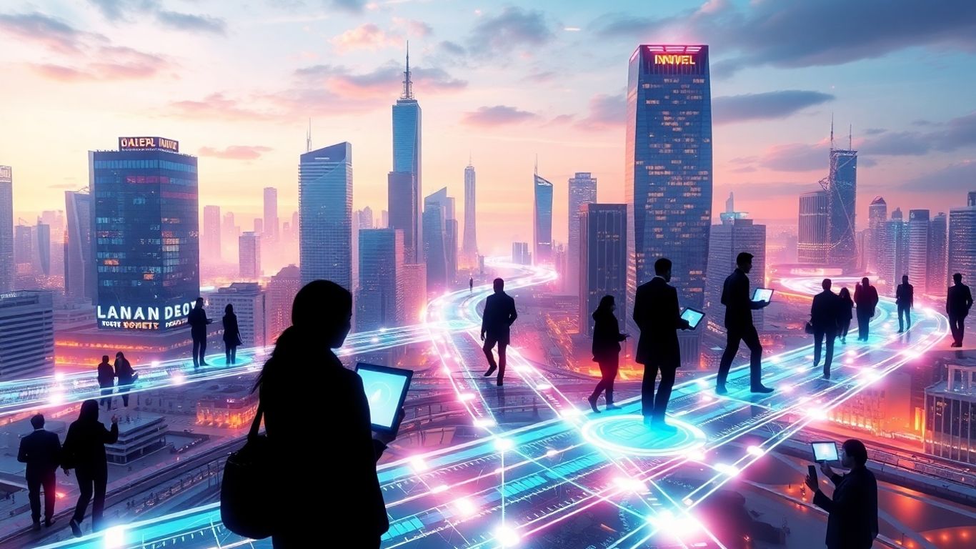 Oraș futurist cu căi digitale și oameni interacționând.