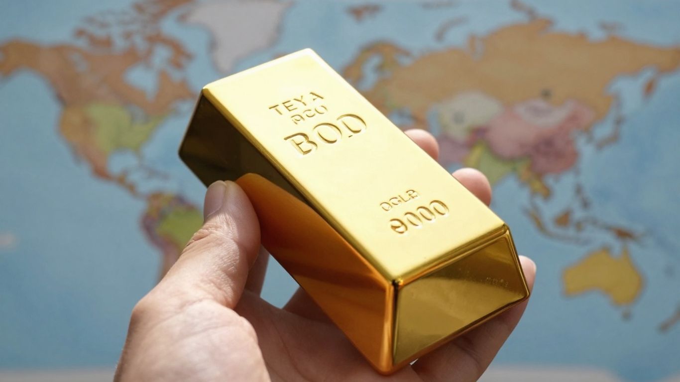 一只金手握着一块金条，上面印着模糊的世界地图。