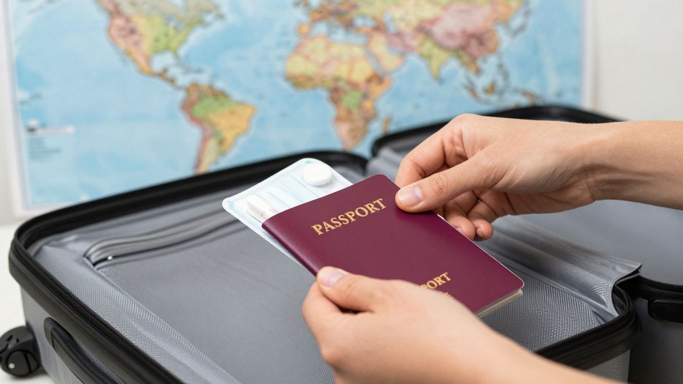 Suitcase packed with passport and medication for travel.