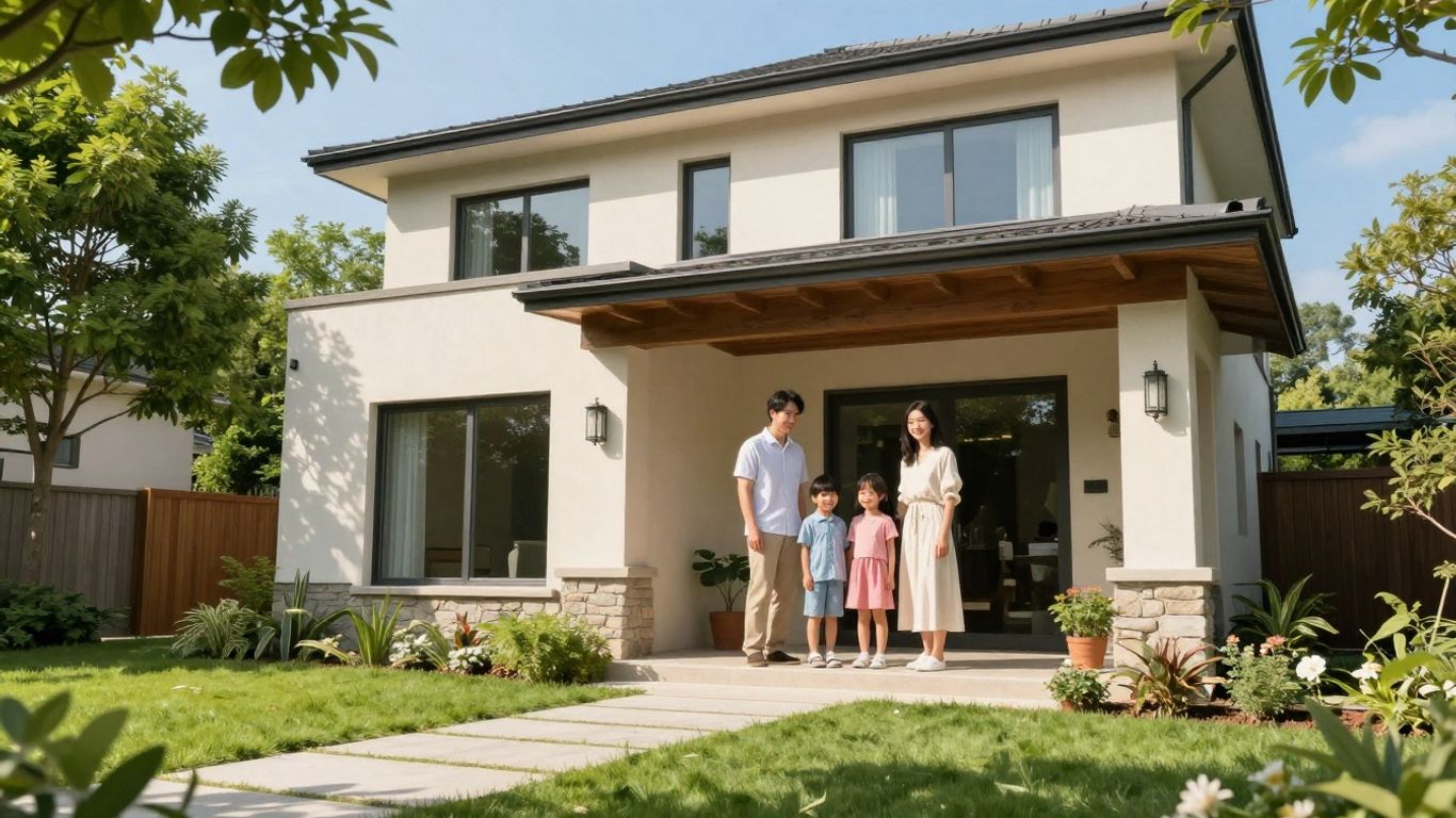 Glückliche Familie vor einem modernen Eigenheim im Sonnenschein.