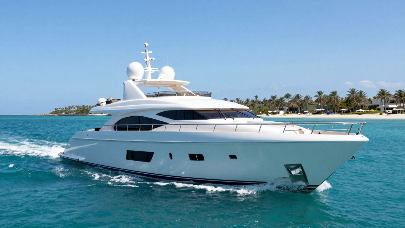 Luxurious superyacht sailing on a clear blue ocean.