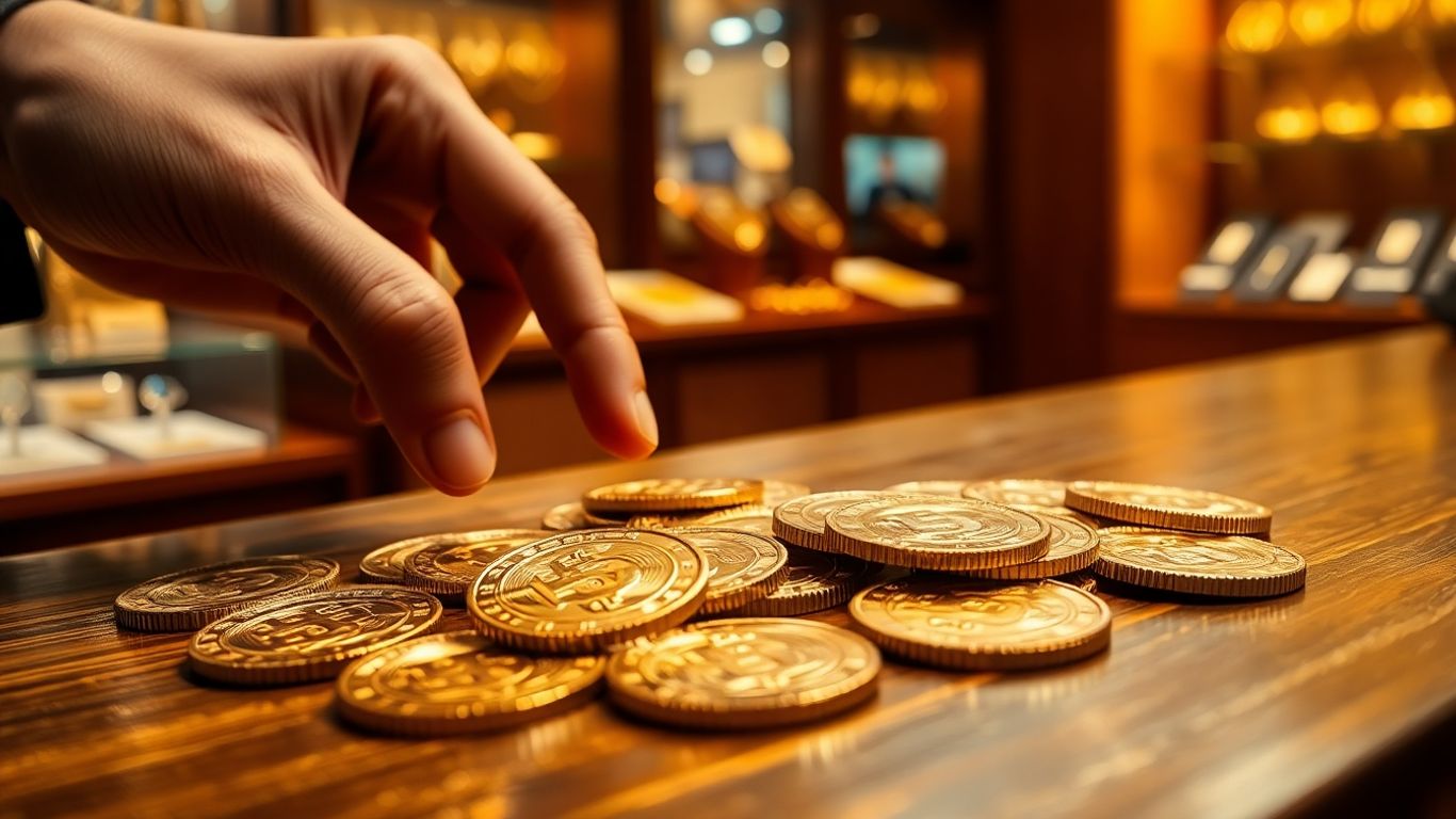 Person selling gold coins at Waco shop counter