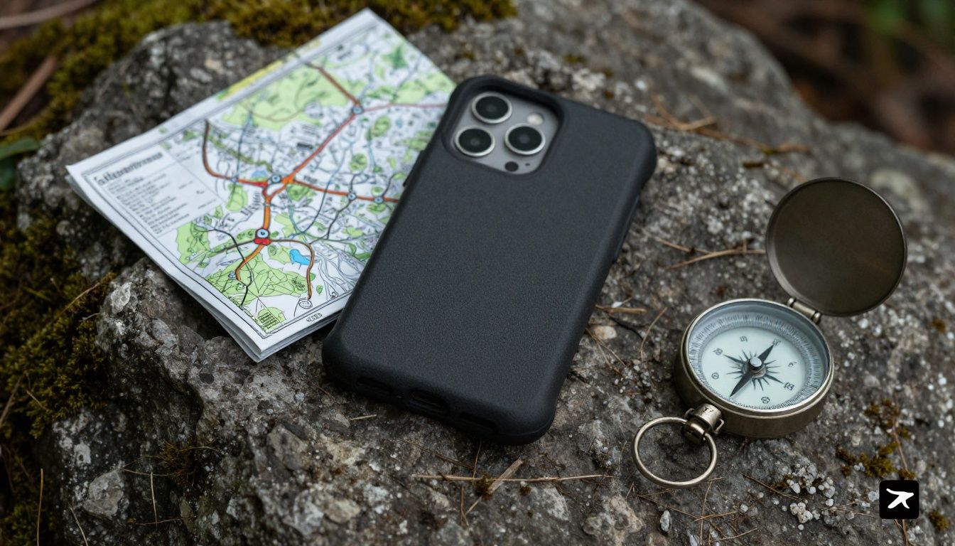 A rugged, dark-coloured phone case lying on a mossy rock next to a hiking trail map and a compass.