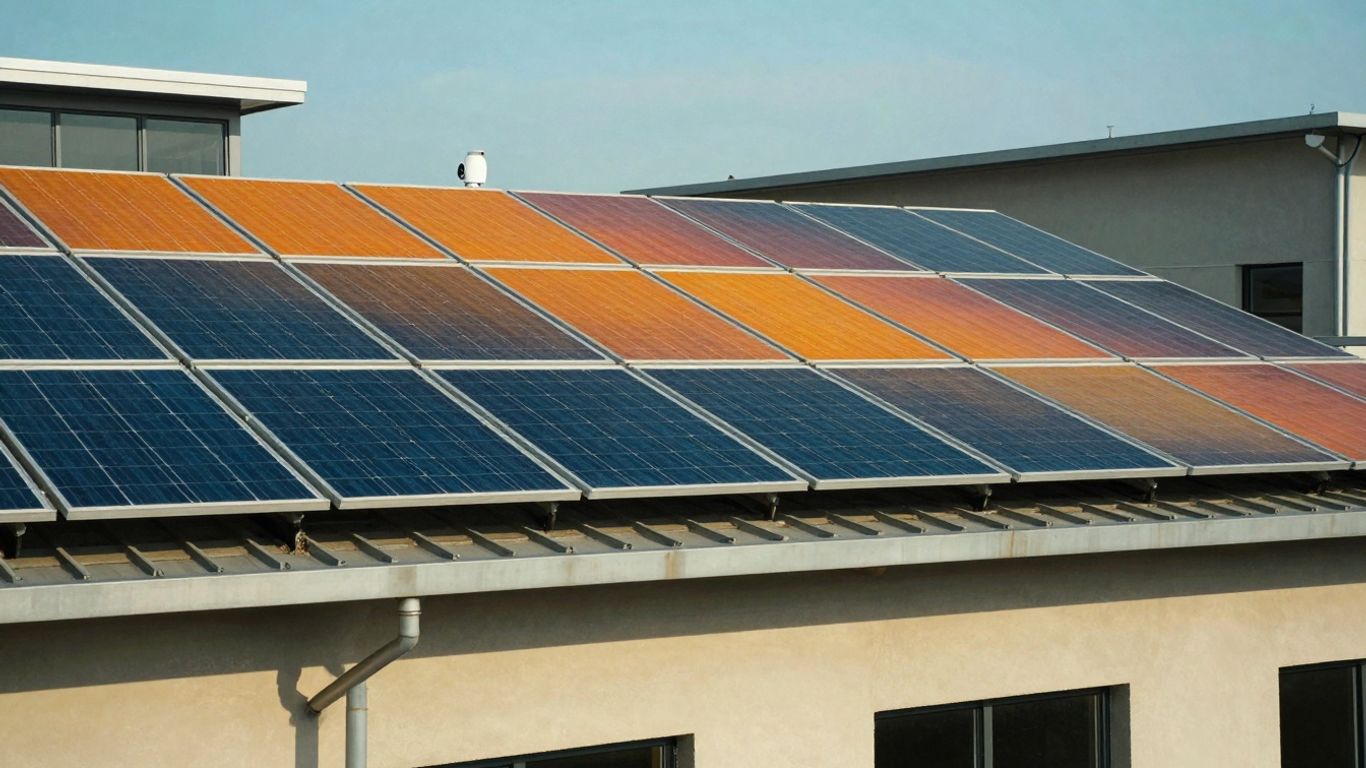 Panneaux solaires colorés sur un toit et une façade.