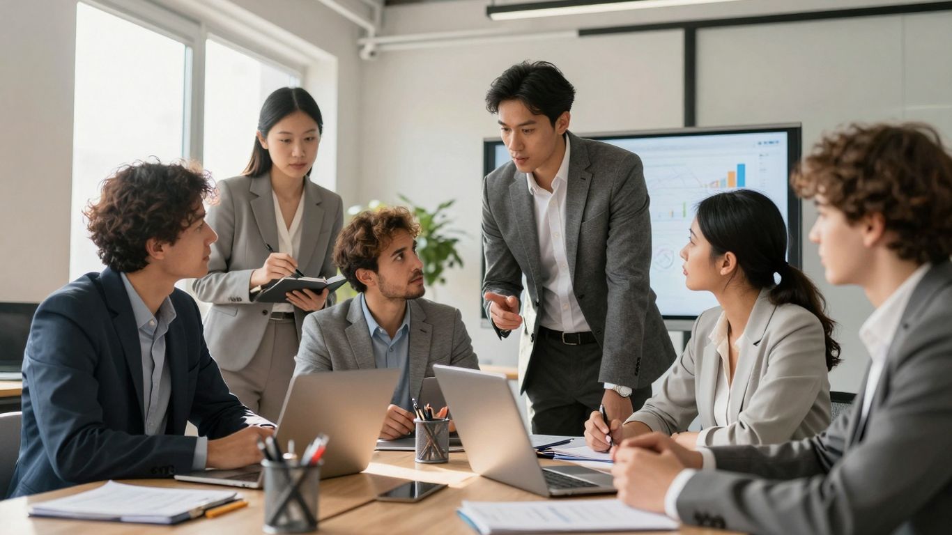 Business professionals learning and collaborating in a modern office.