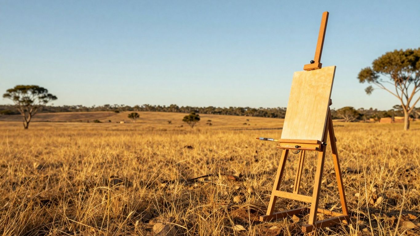 Artist's easel in a sunlit Australian landscape.