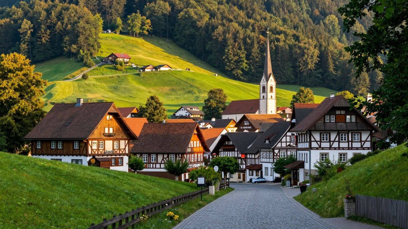 Schwarzwaldstadt mit Fachwerkhäusern und grünen Hügeln.