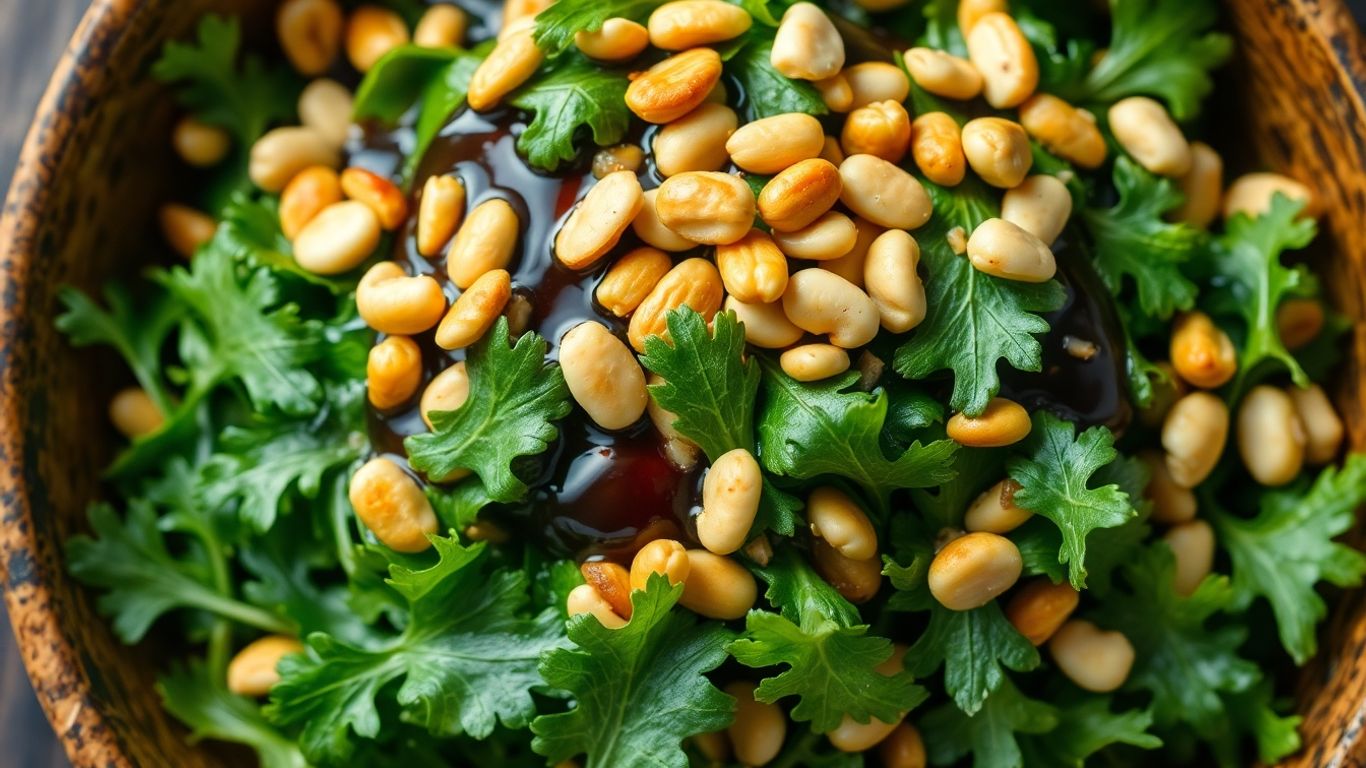 Rocket salad with balsamic glaze and pine nuts.