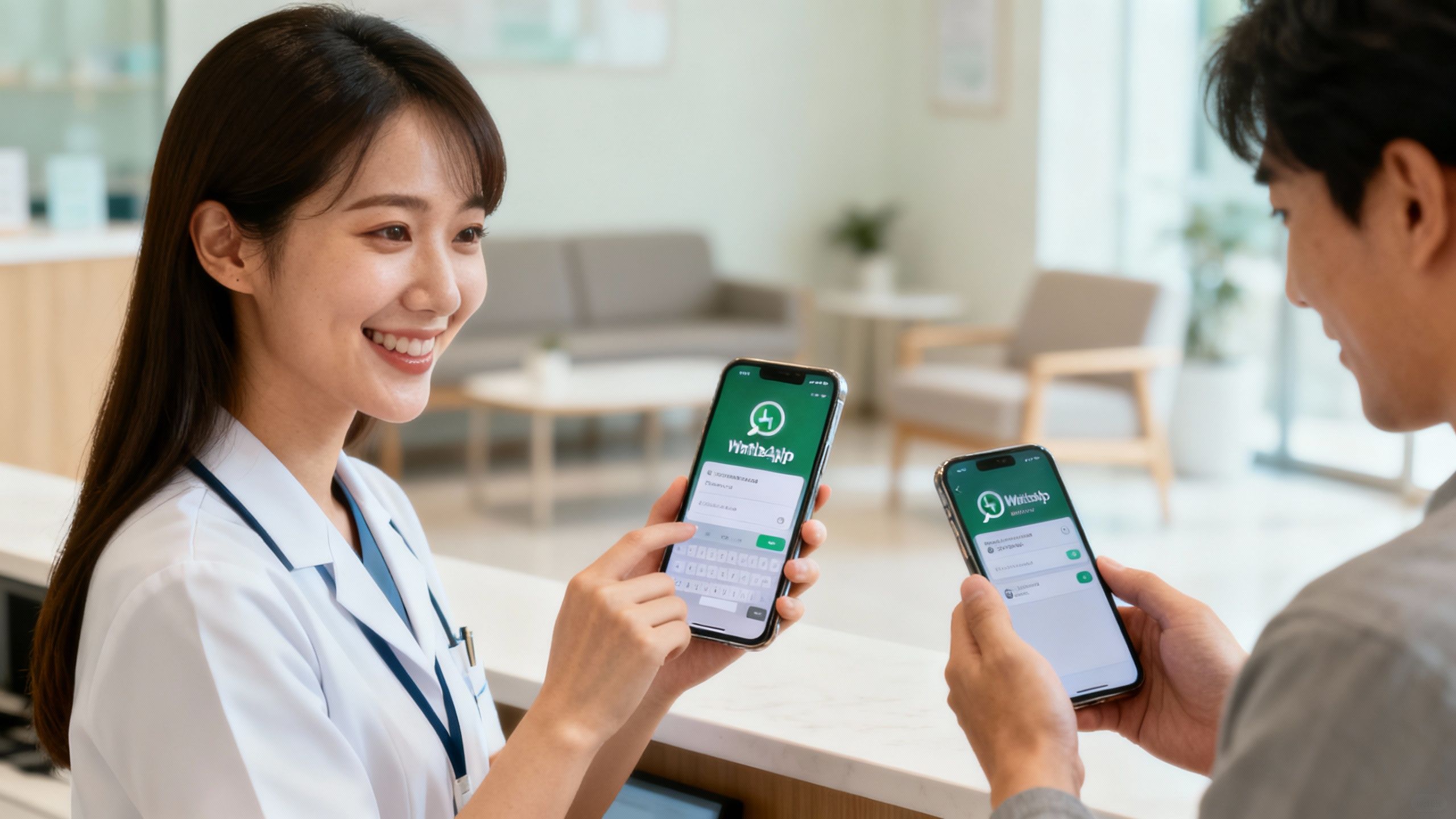Clinic staff and patient interacting with a WhatsApp booking on a phone.