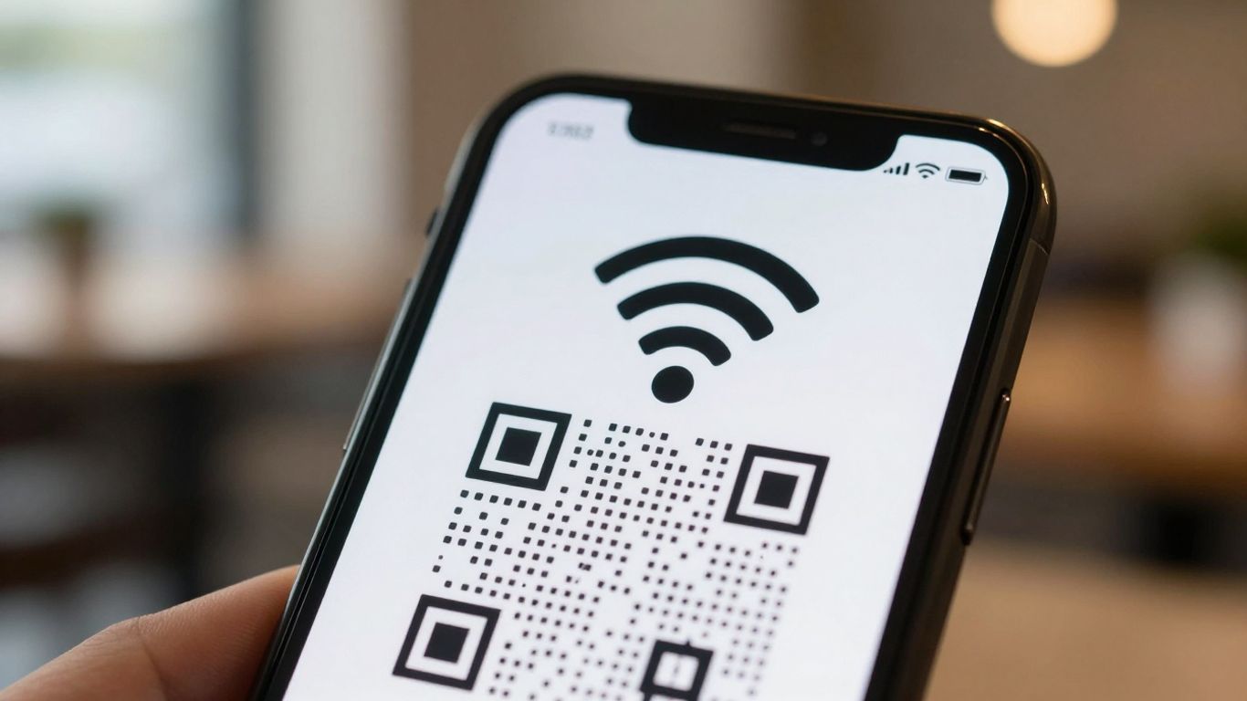 Smartphone displaying a WiFi QR code for easy connection.