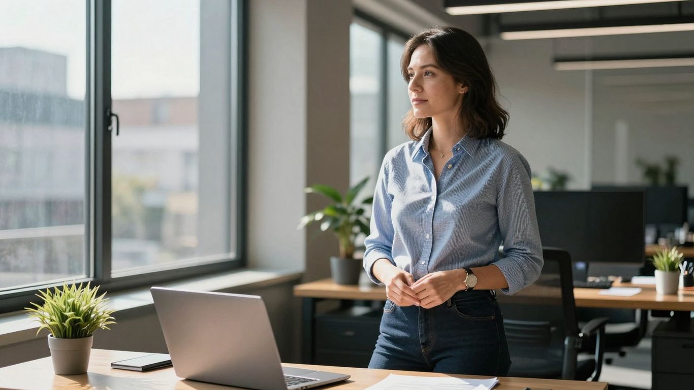 Marketing agency owner in a modern office, looking successful.