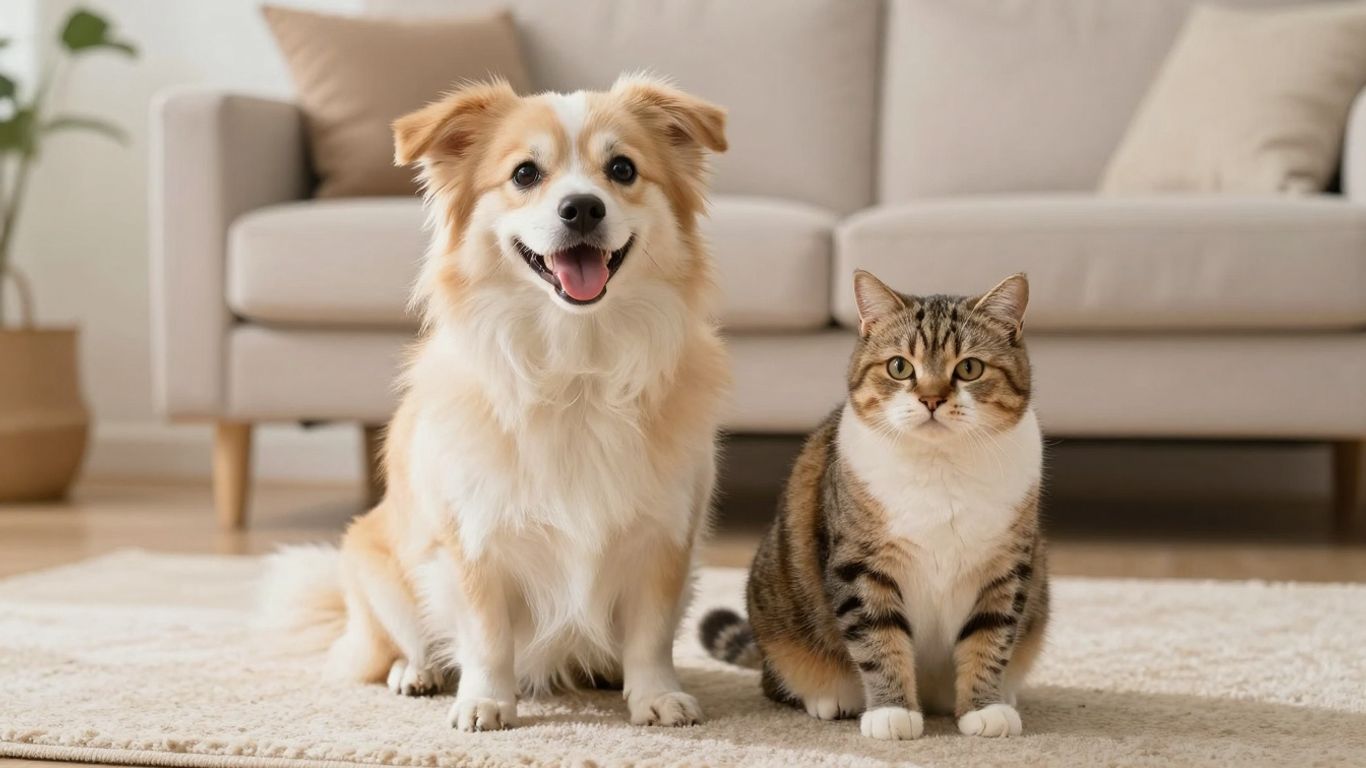 Happy dog and cat relaxing together indoors.