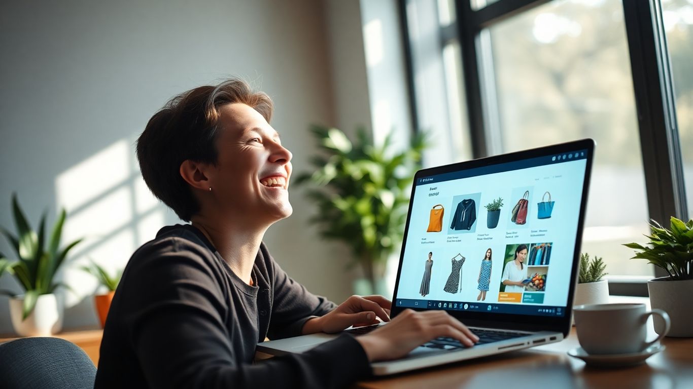 Dropshipping success with laptop and happy entrepreneur.