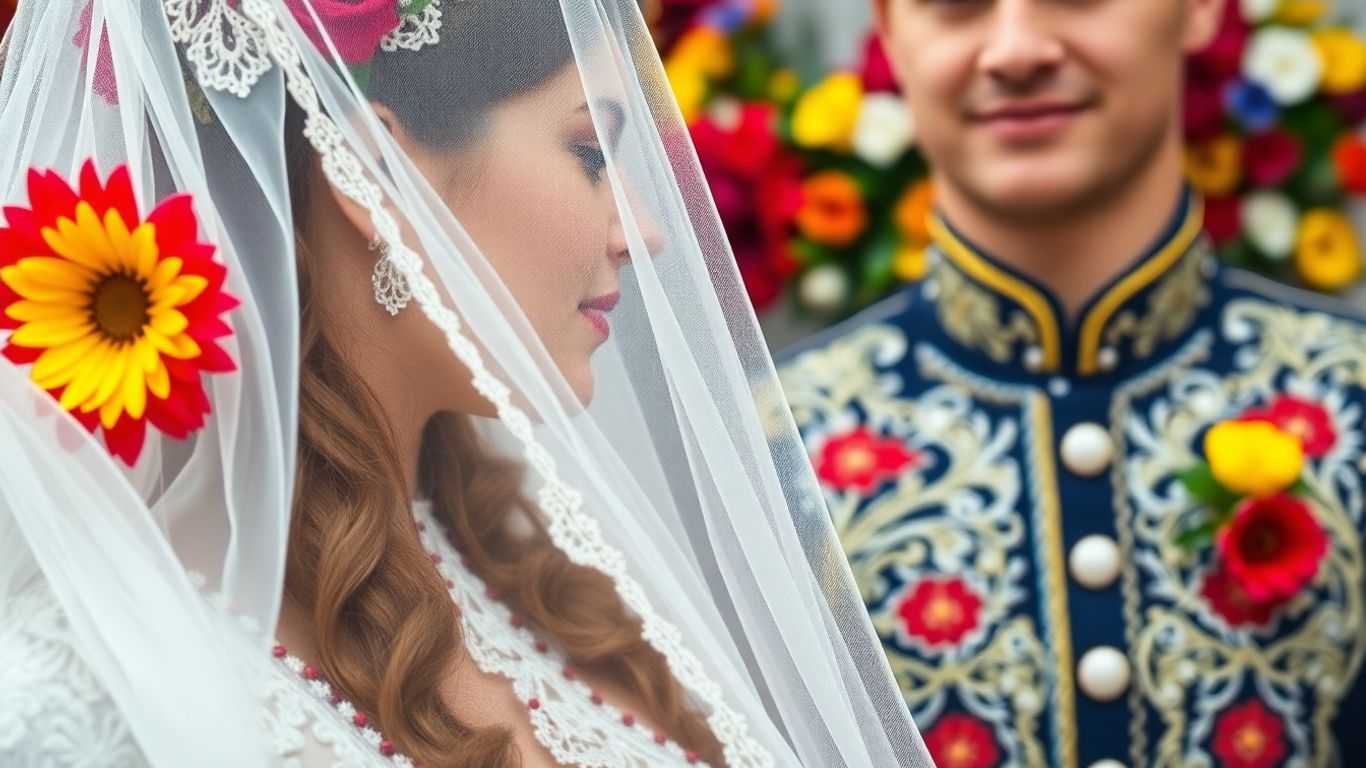Tradițional românesc îmbrăcăminte de nuntă cu flori.