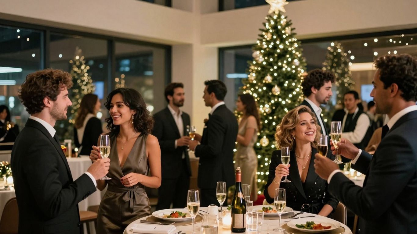 Festive corporate holiday party in Dallas with guests and decorations.