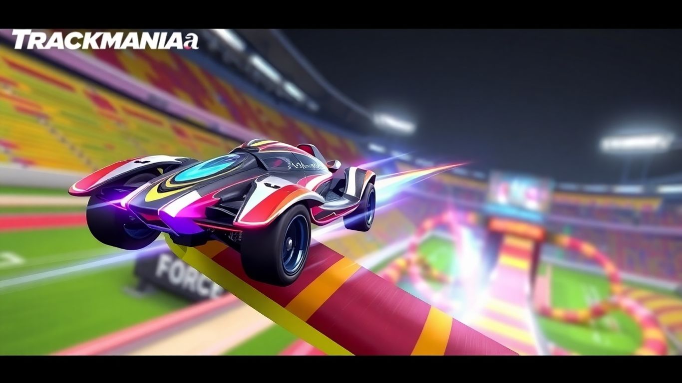Futuristic race car mid-air over a colorful, winding track.