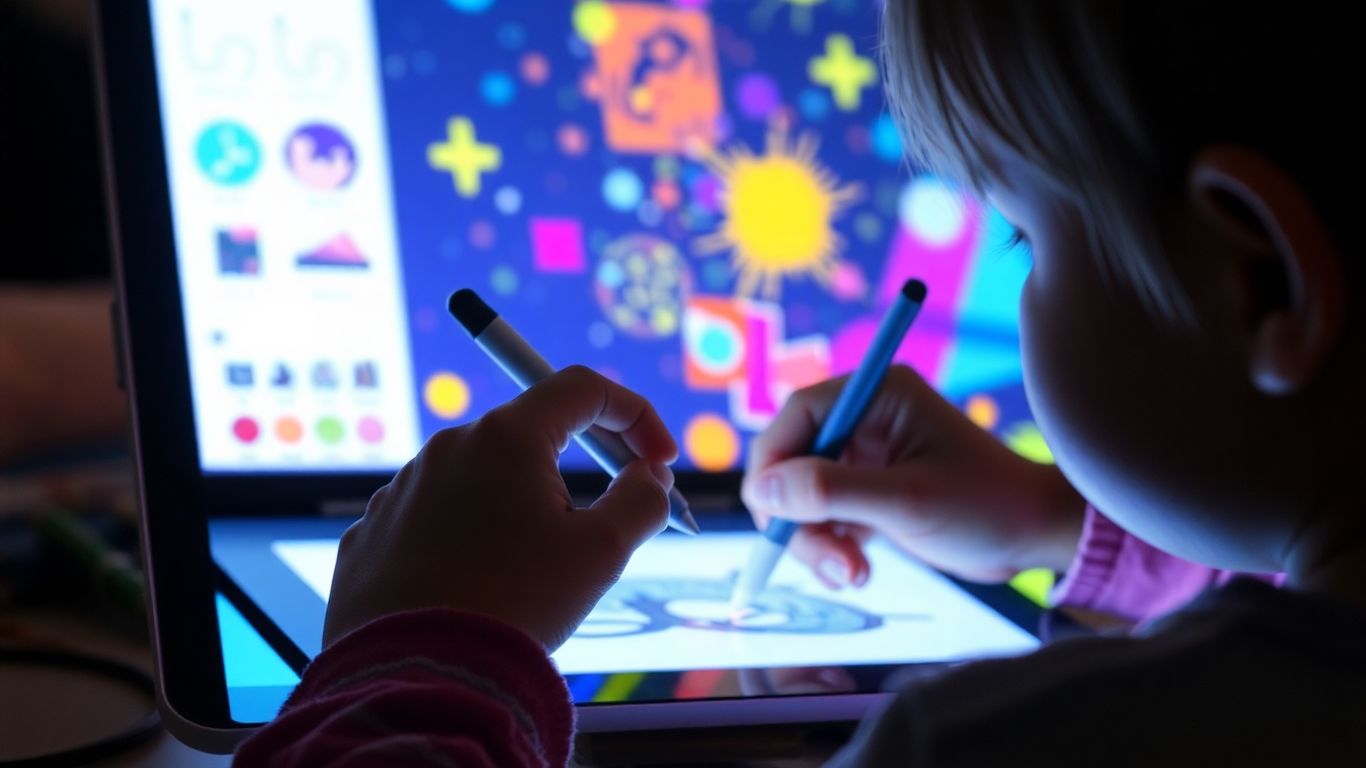 Copil desenând pe o tabletă digitală.