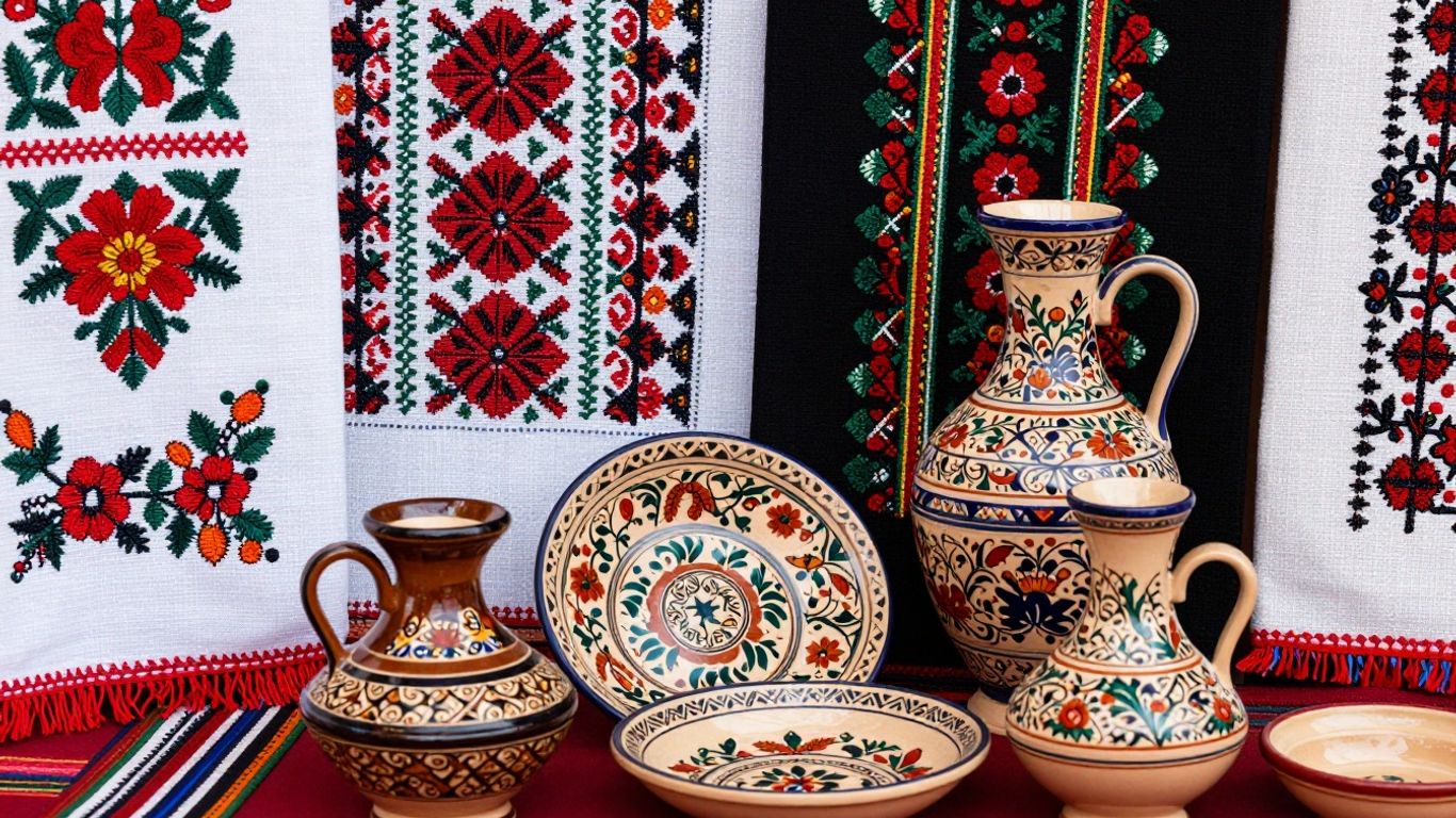 Arta populară românească: textile, ceramică, obiecte din lemn.
