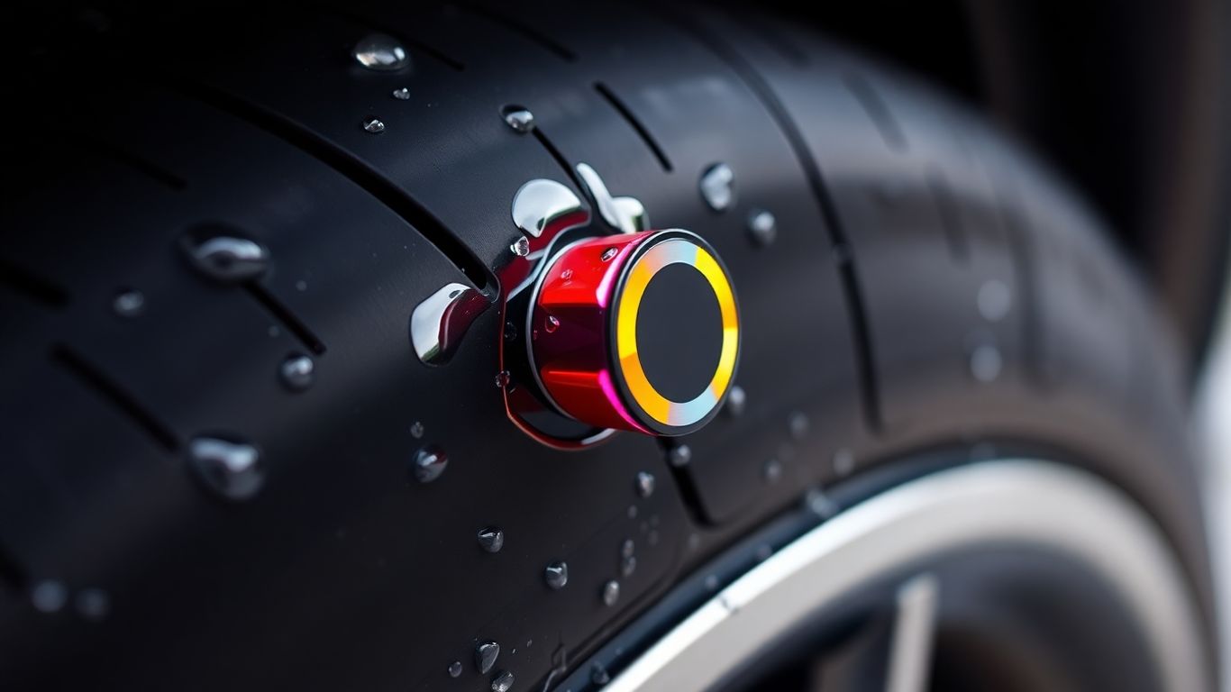 Tire valve cap on a car tire after a wash.