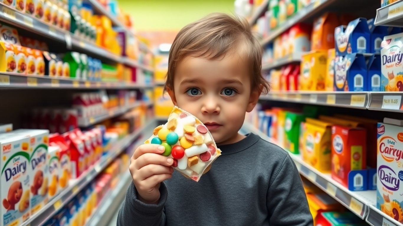 Enfant tenant un produit laitier coloré dans un supermarché
