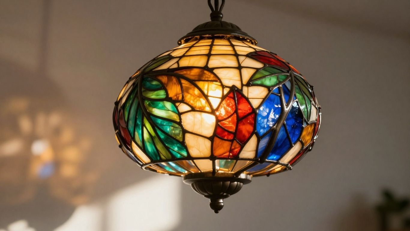 Vibrant colored glass pendant lights casting colorful patterns.