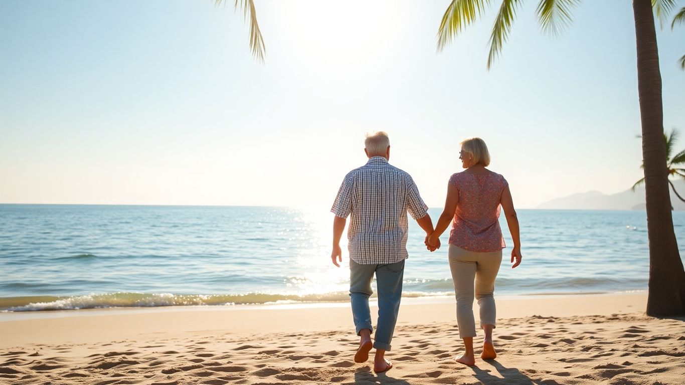 Couple enjoying retirement on a peaceful beach.