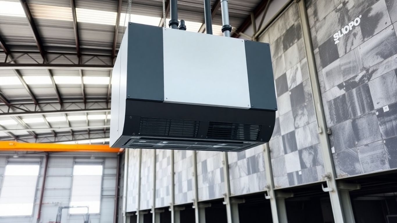 Un aérotherme puissant chauffant un grand entrepôt industriel.
