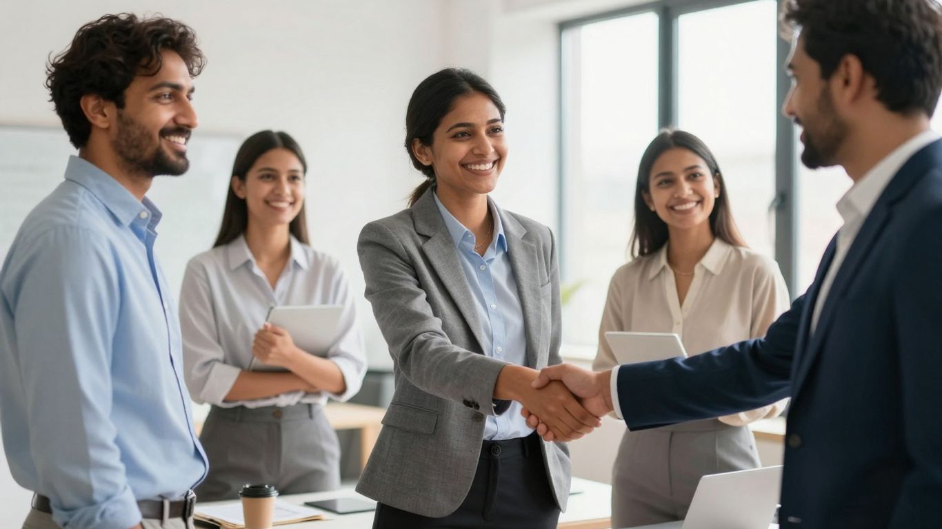Mensen die elkaar de hand schudden in een kantoor.