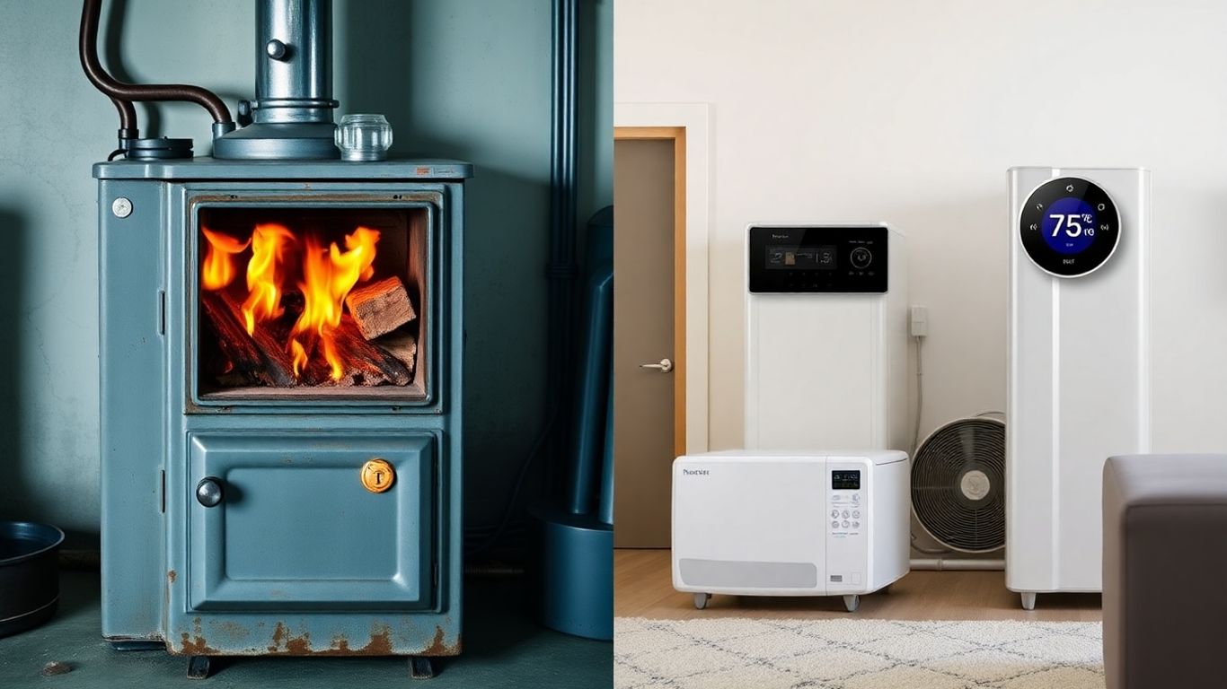 Modern and old home heating systems side-by-side.