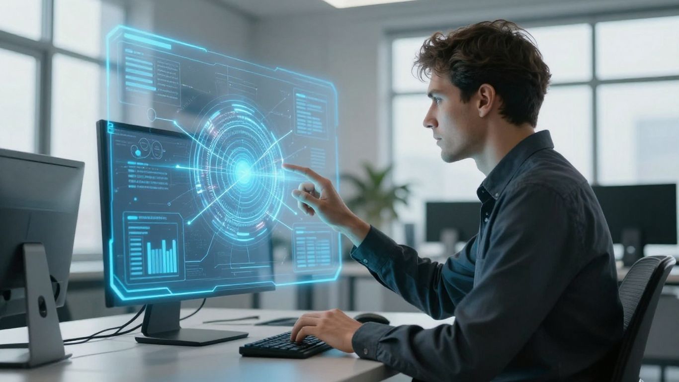 Man gebruikt technologie in een modern kantoor.