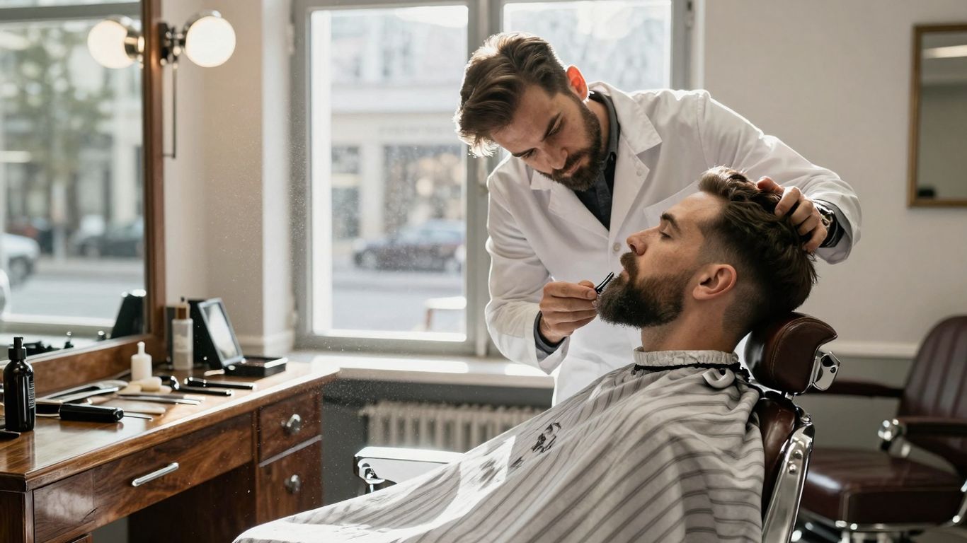 Barber giving a beard trim in a classic barbershop.