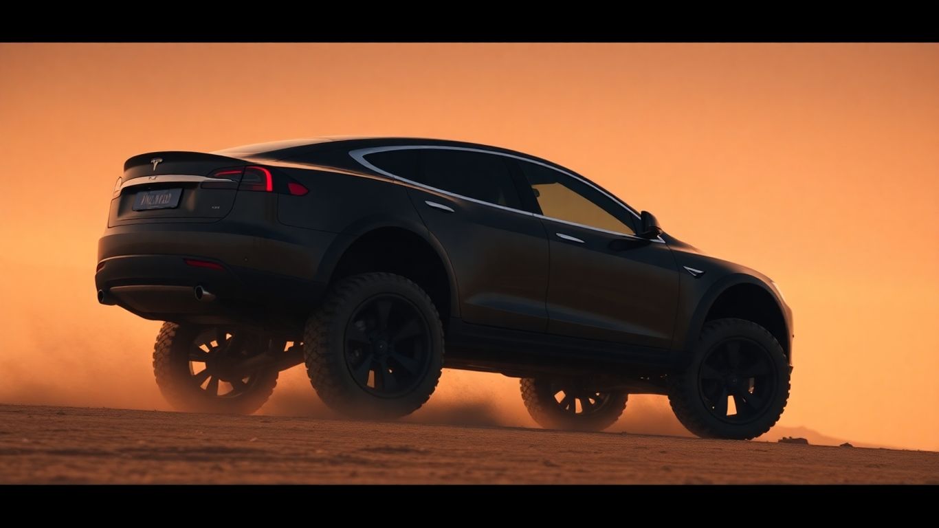 Tesla Model S modified for off-road driving in a desolate landscape.