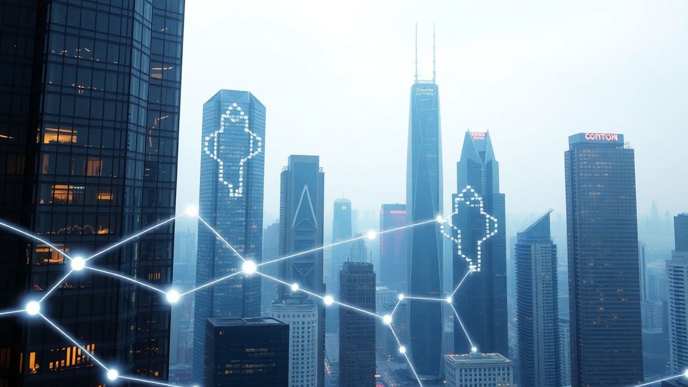 Futuristic city with blockchain network