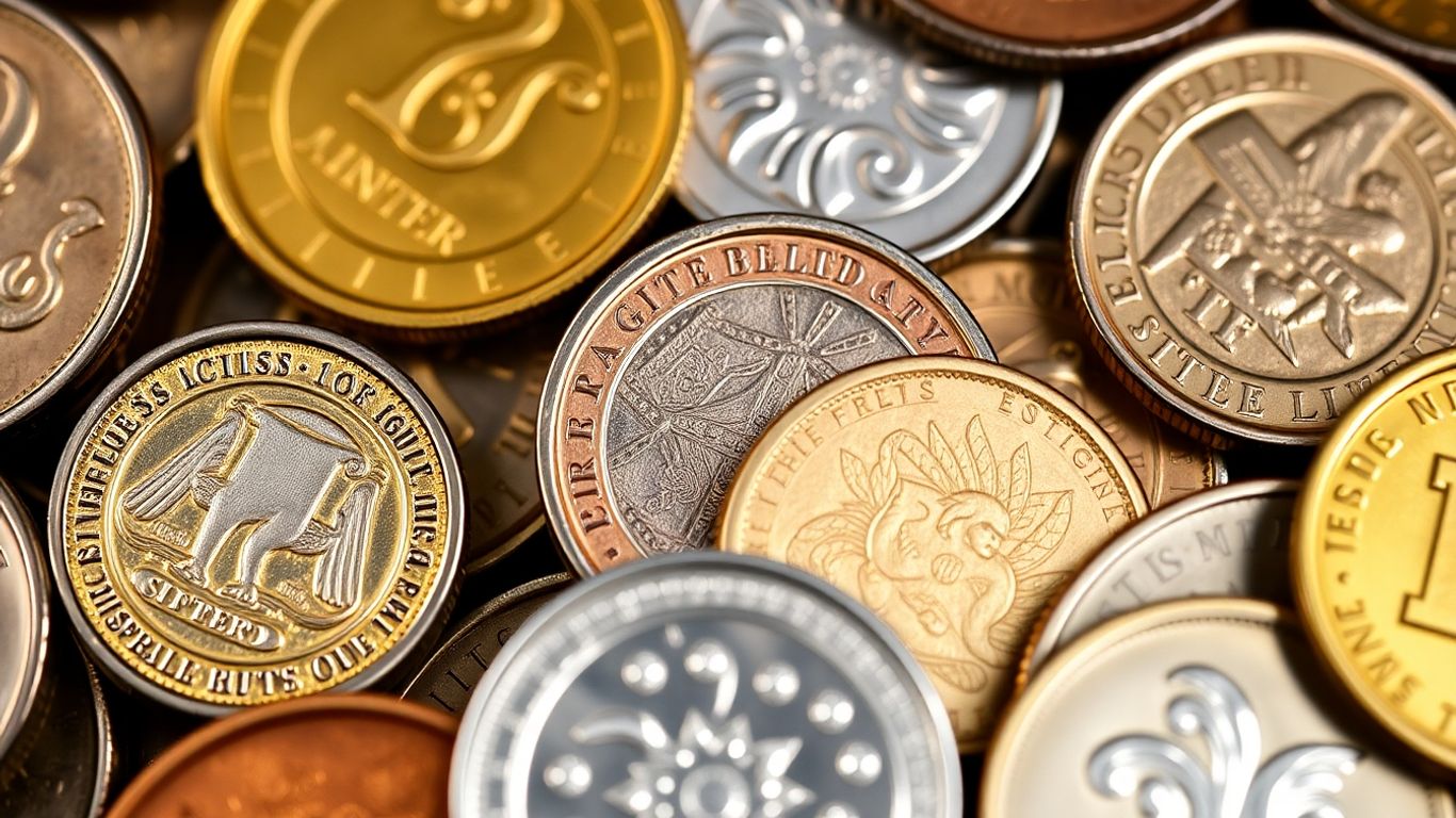 Close-up of valuable coins with intricate designs.
